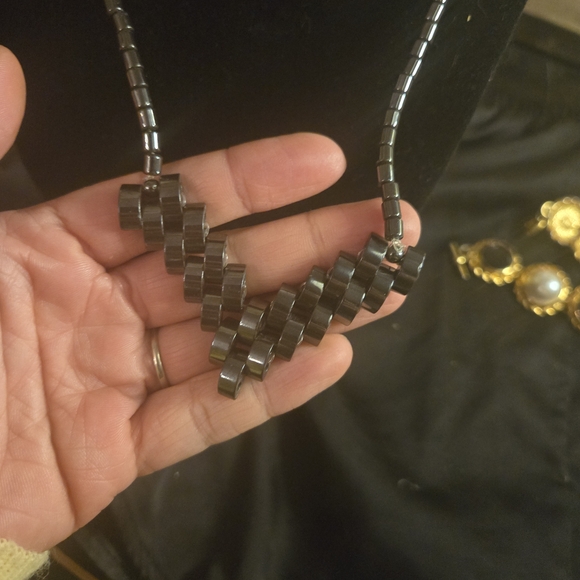Vintage Hematite Geometric V Necklace – Gunmetal Cylinders – Y2K Goth - Picture 5 of 6